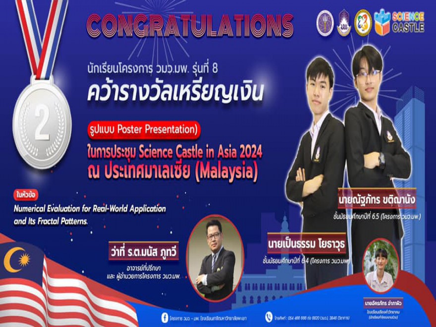 ได้รับรางวัลเหรียญเงิน (Silver Medal)การนำเสนอผลงาน (รูปแบบ Poster Presentation) ในการประชุม Science Castle in Asia 2024