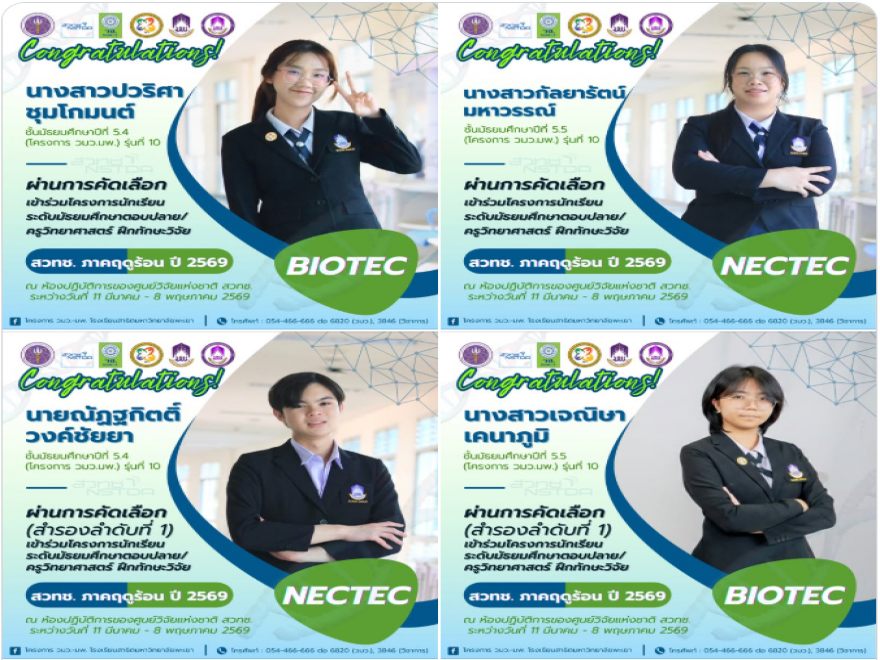 ผ่านการคัดเลือกเข้าร่วมโครงการฝึกทักษะวิจัย ณ ห้องปฏิบัติการของศูนย์วิจัยแห่งชาติ สวทช. ภาคฤดูร้อน ปี 2569